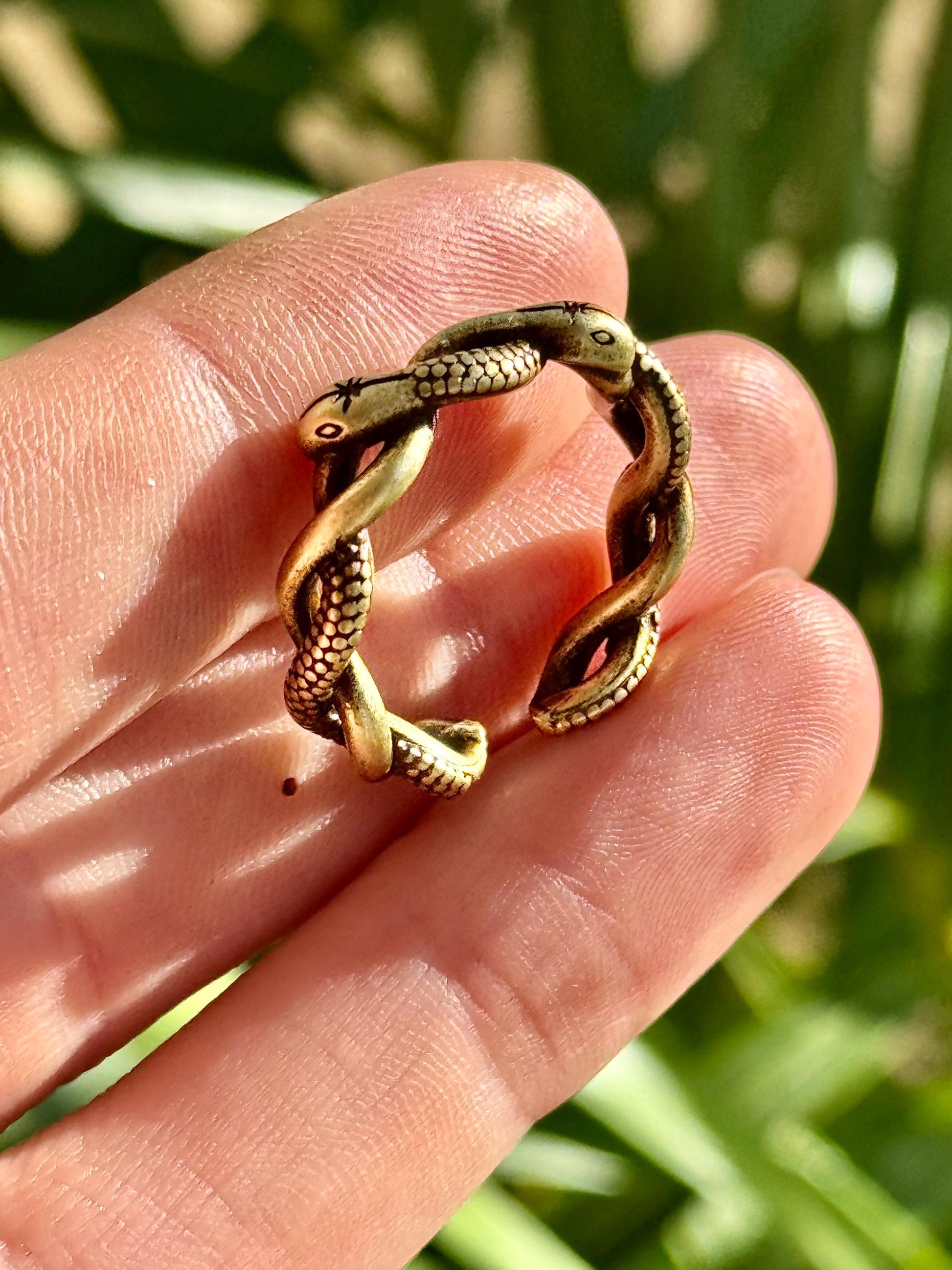 Solid brass twin snake ring, adjustable serpent wrap ring, ouroboros reptile jewelry, mystical brass snake band