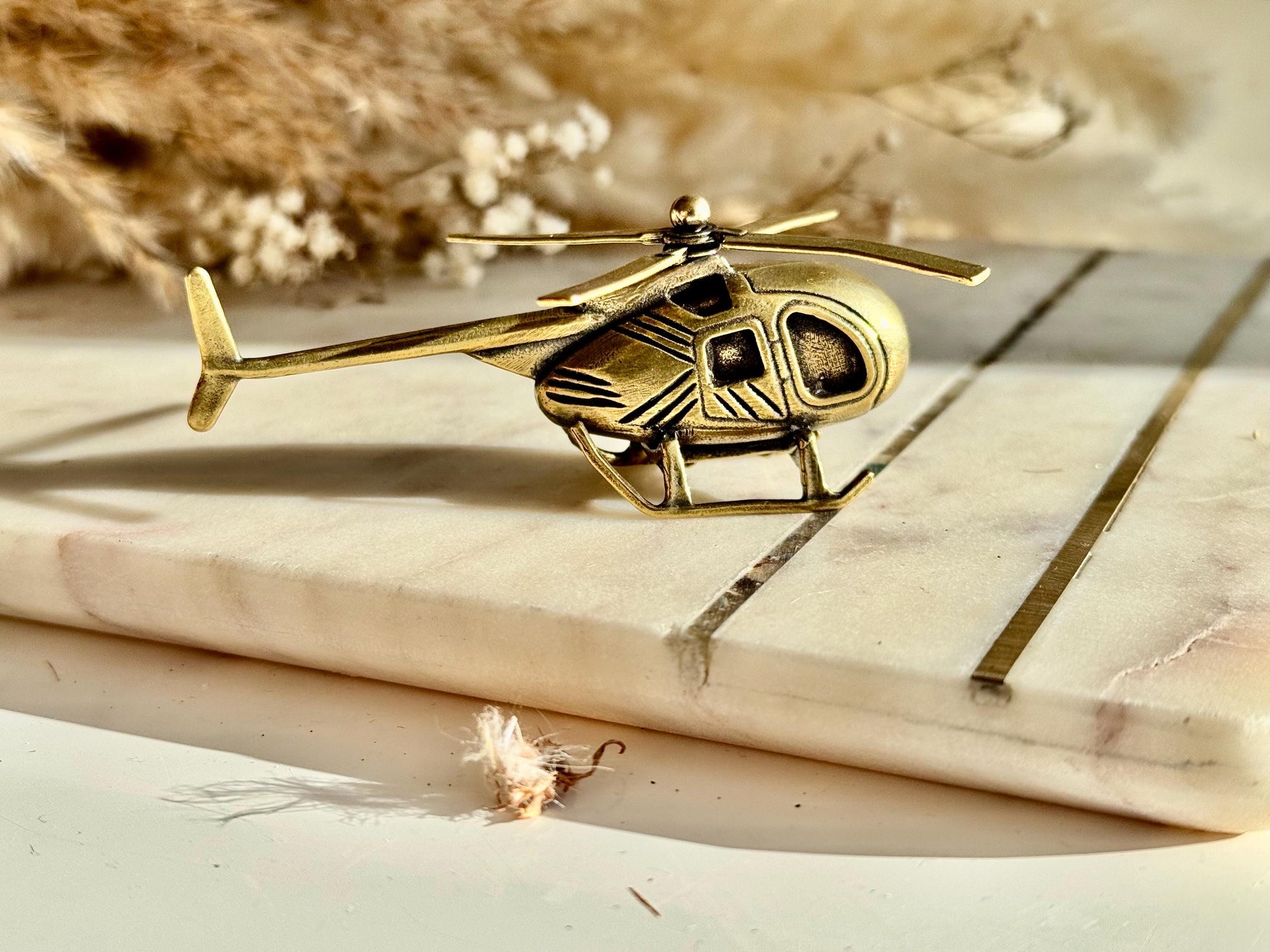Solid Brass Helicopter Miniature – Rotating Propeller, Retro Aviation Gift, Pilot’s Desk Decor, Collectible Metal Chopper Model