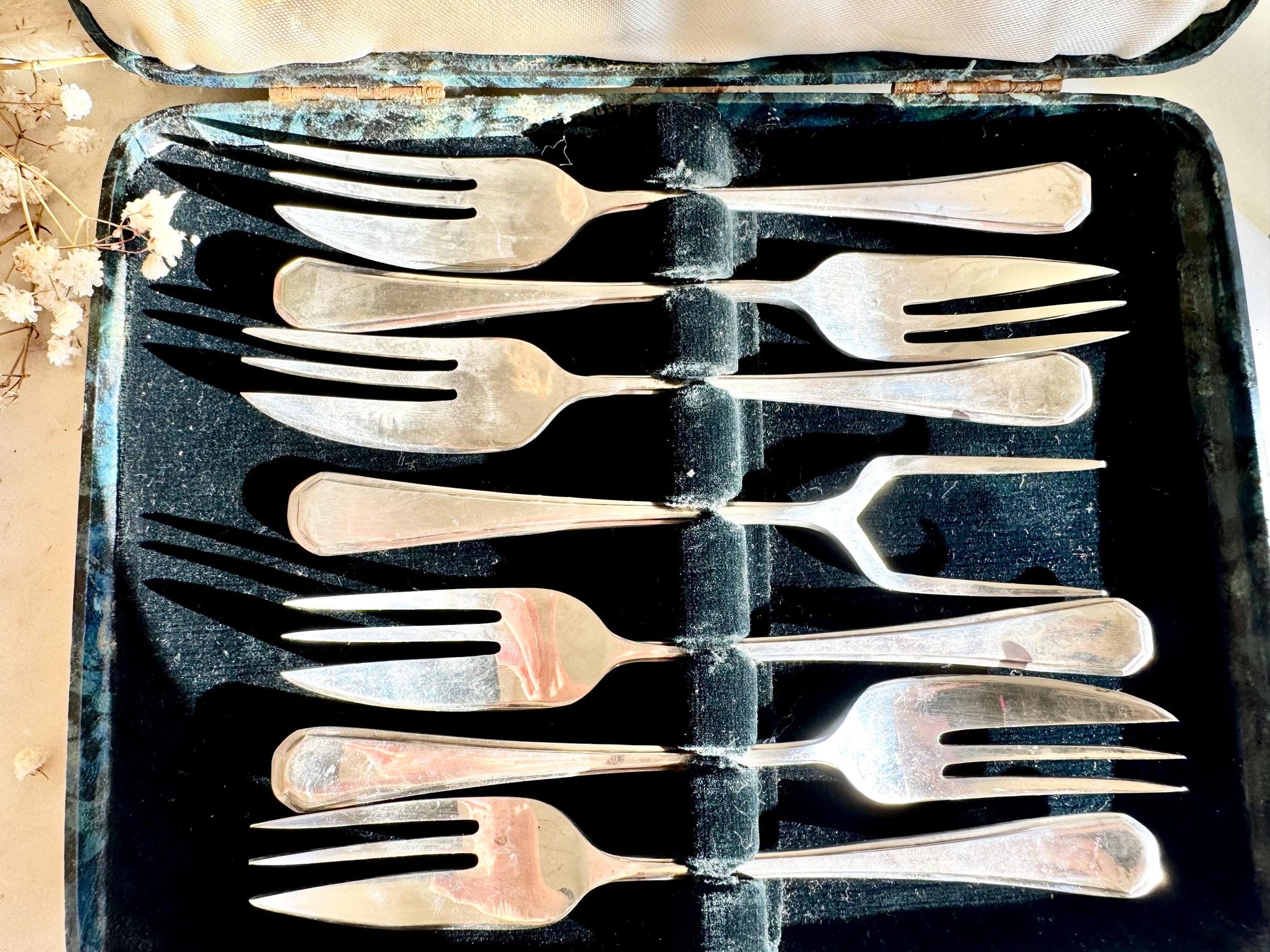 Vintage EPNS Silver-Plated Pastry Fork Set in Original Box (Set of 6)