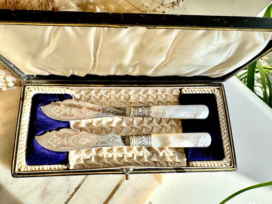 Antique Victorian Mother-of-Pearl Handled Fish Serving Set in Original Box
