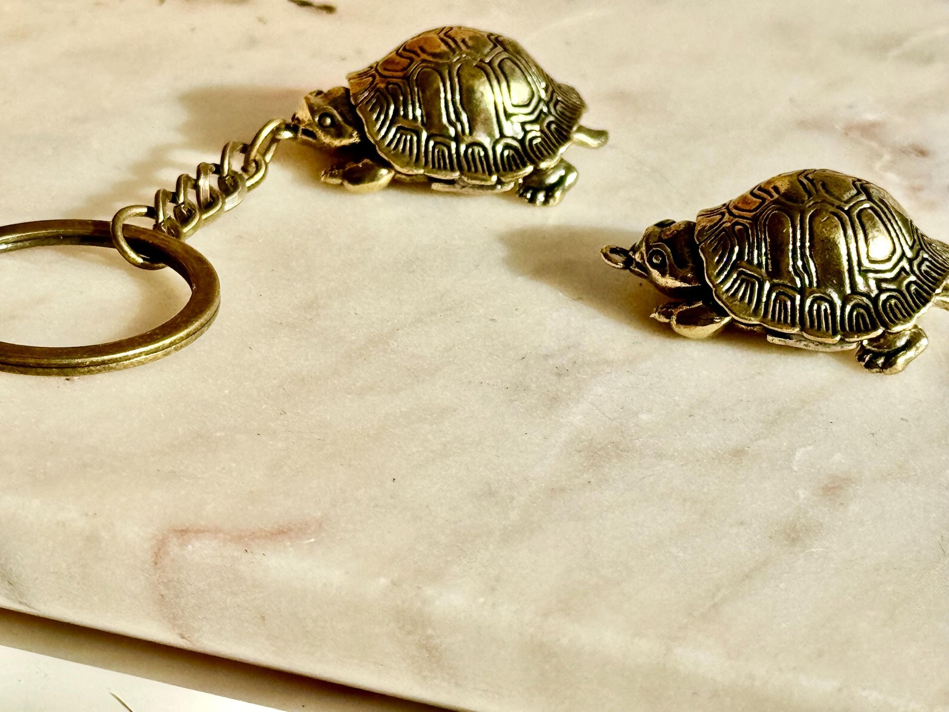 Unique Style Solid Brass Cute Turtle Charm or Keyring with Movable Head and Legs – Realistic Miniature Tortoise Figurine