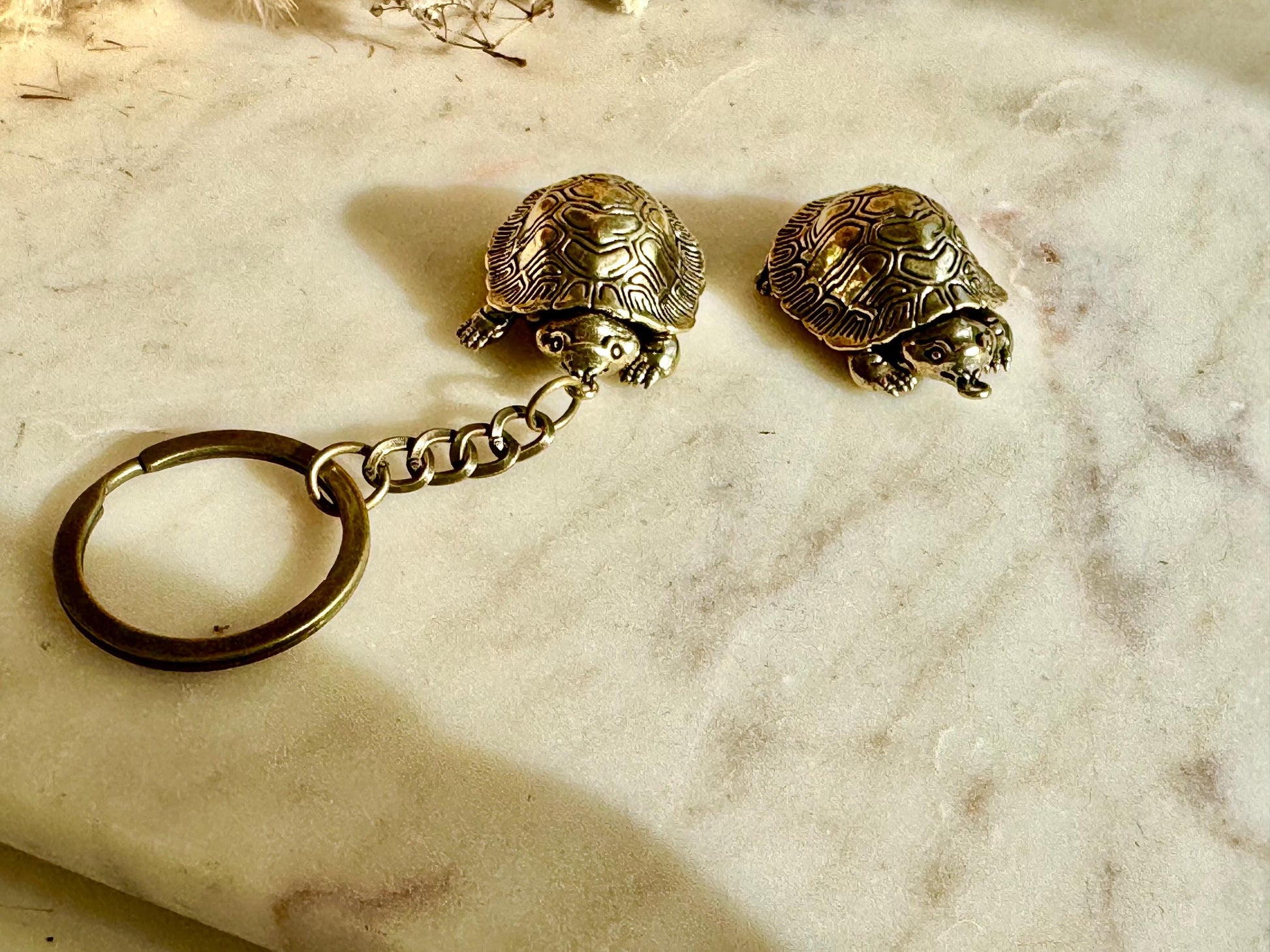 Unique Style Solid Brass Cute Turtle Charm or Keyring with Movable Head and Legs – Realistic Miniature Tortoise Figurine