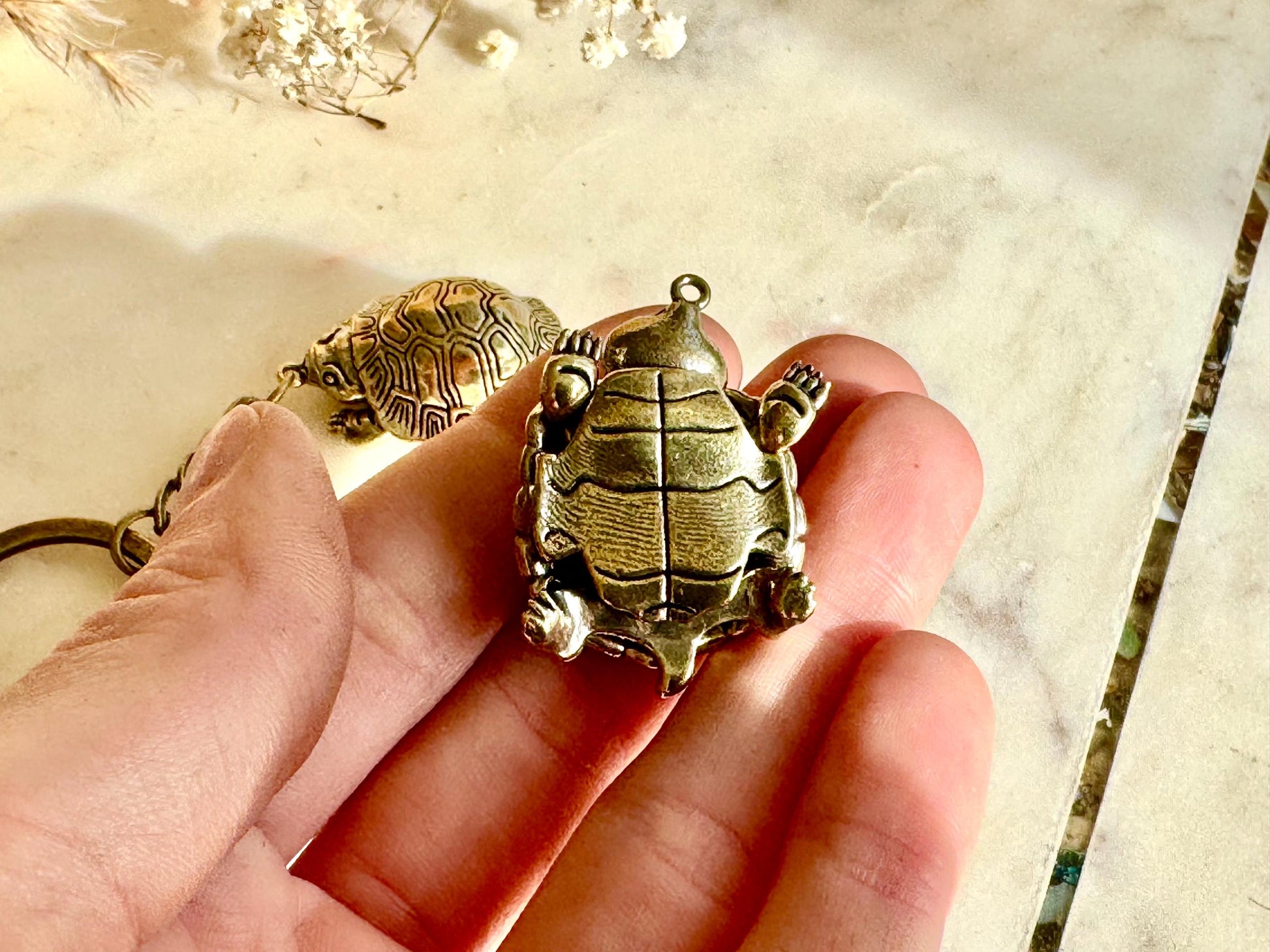 Unique Style Solid Brass Cute Turtle Charm or Keyring with Movable Head and Legs – Realistic Miniature Tortoise Figurine