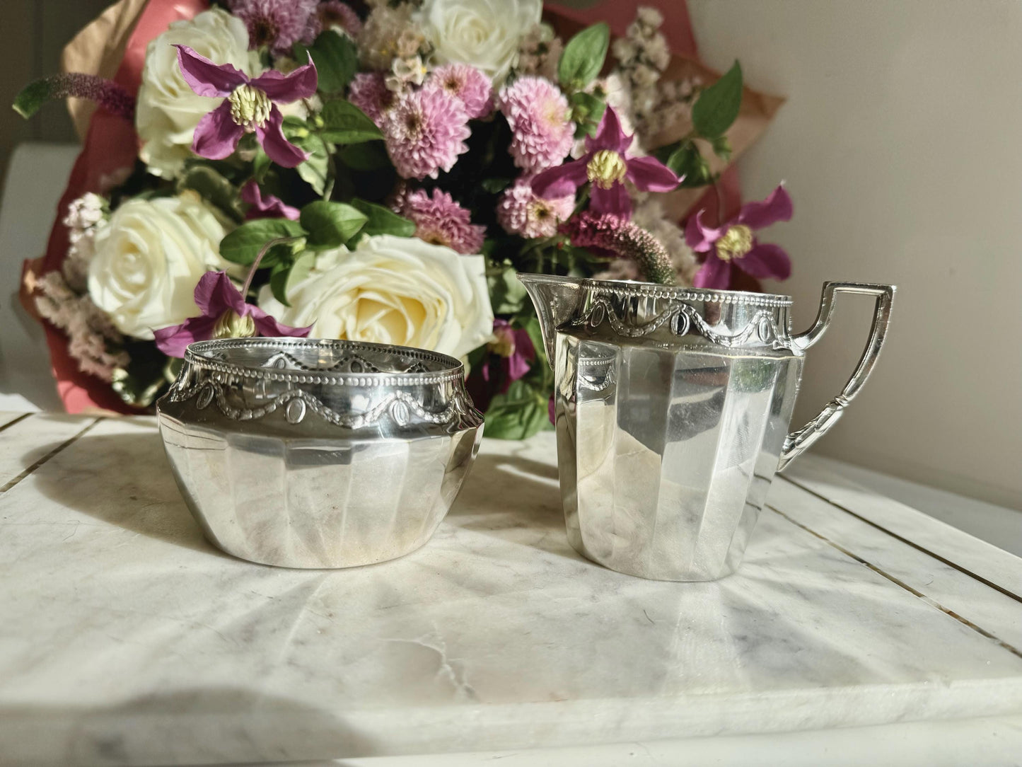 Antique English Silver Plated Sugar Bowl and Cream Jug by Walker & Hall