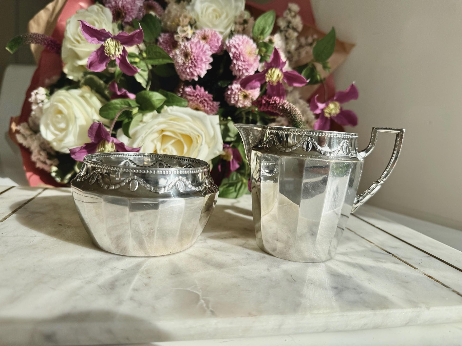 Antique English Silver Plated Sugar Bowl and Cream Jug by Walker & Hall
