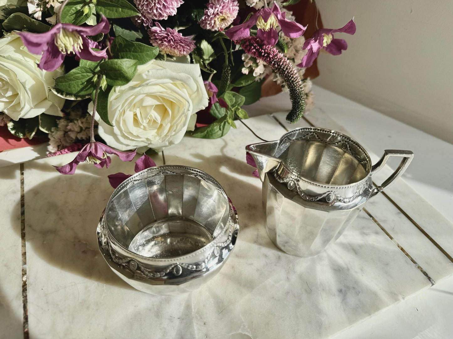 Antique English Silver Plated Sugar Bowl and Cream Jug by Walker & Hall