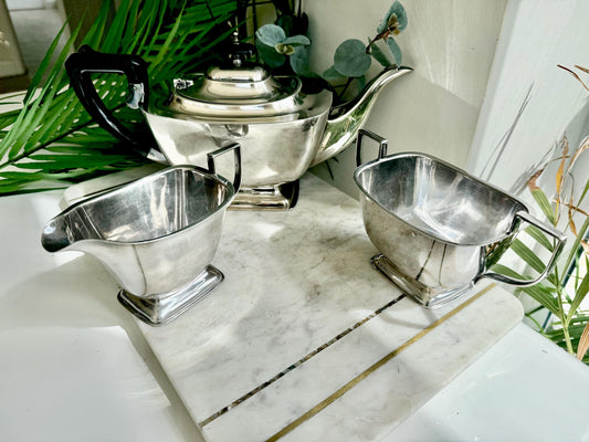 Vintage Silver-Plated Three-Piece Tea Set by ELJ, England (Art Deco Style)