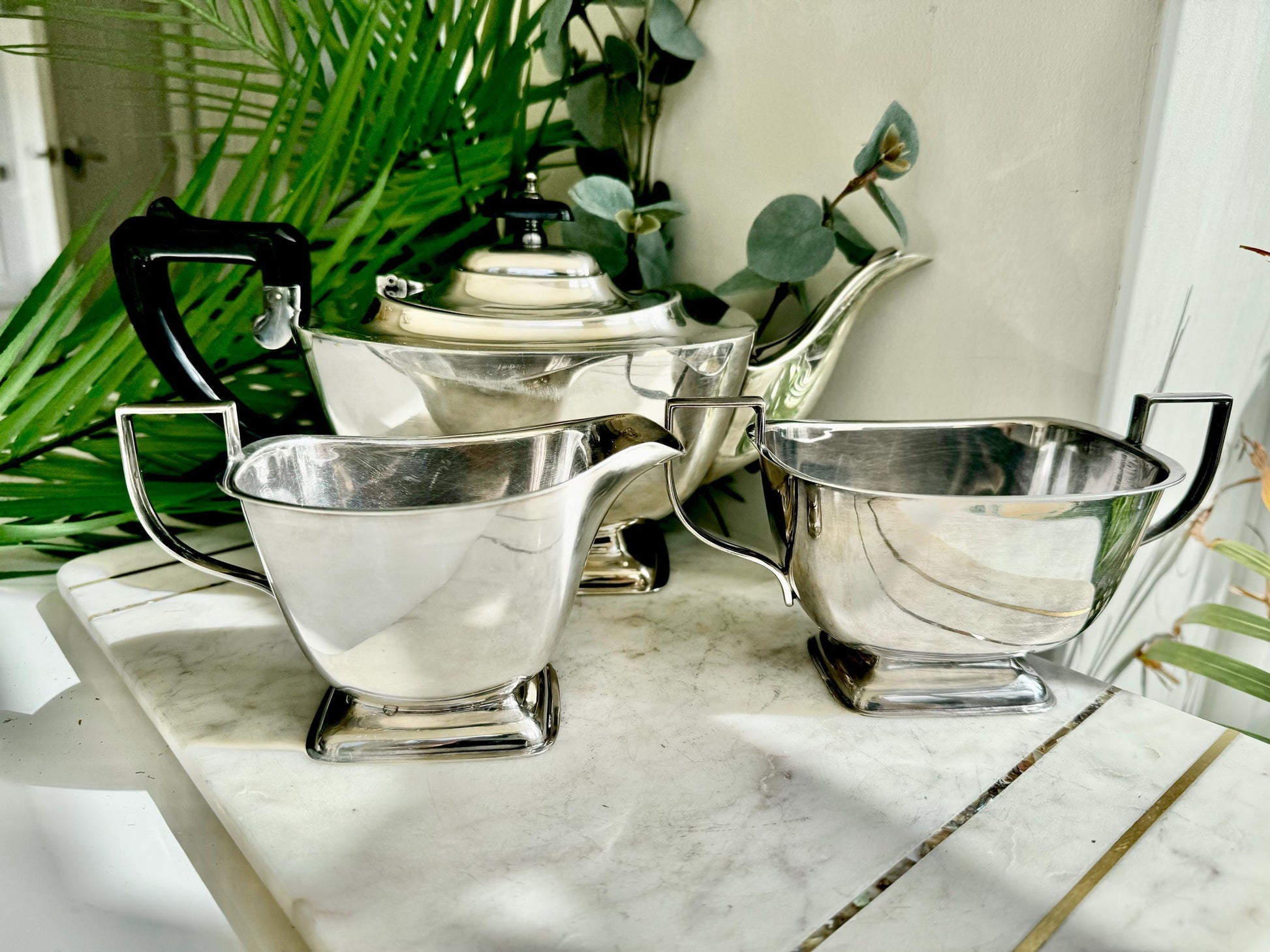 Vintage Silver-Plated Three-Piece Tea Set by ELJ, England (Art Deco Style)