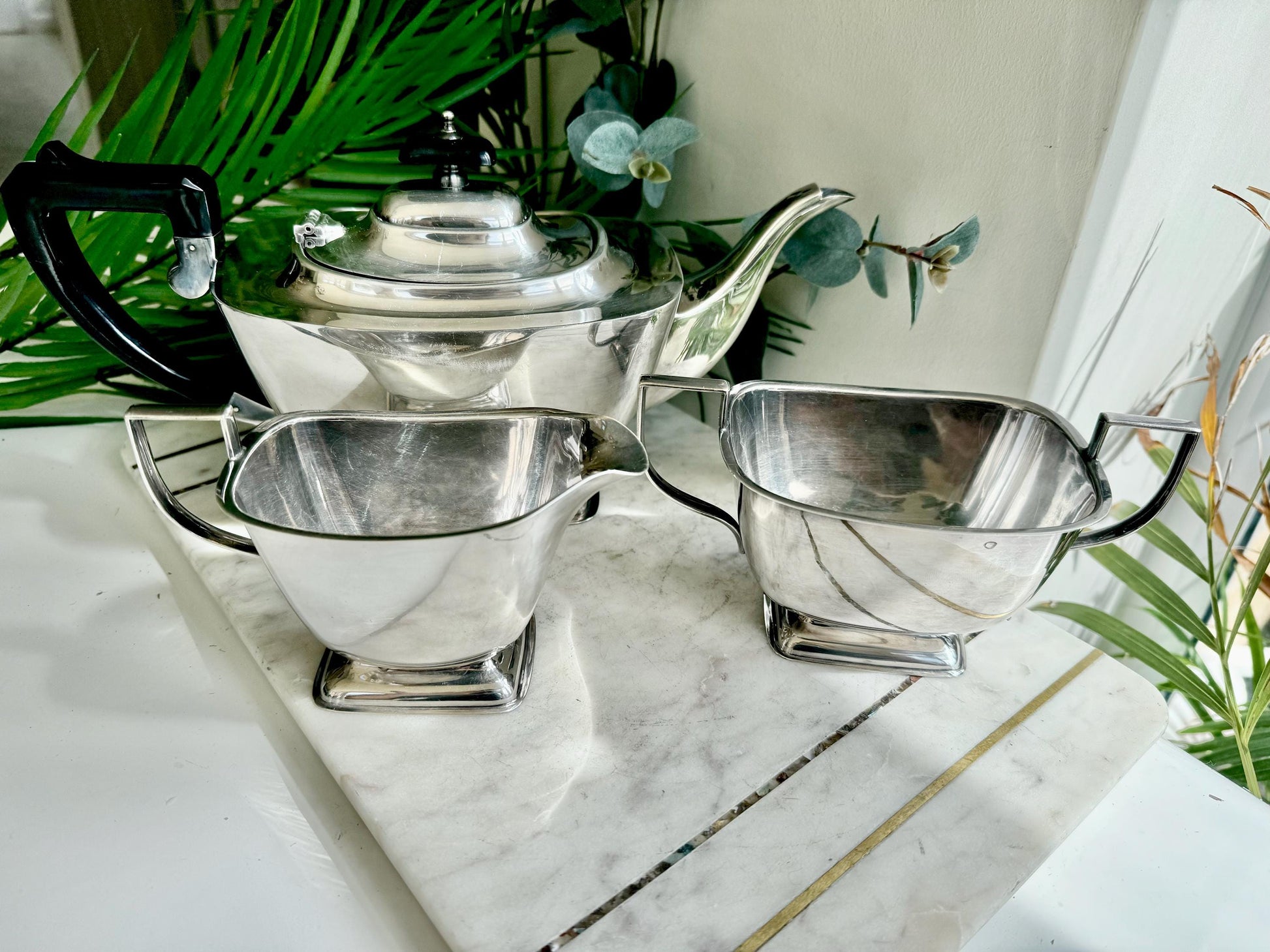 Vintage Silver-Plated Three-Piece Tea Set by ELJ, England (Art Deco Style)