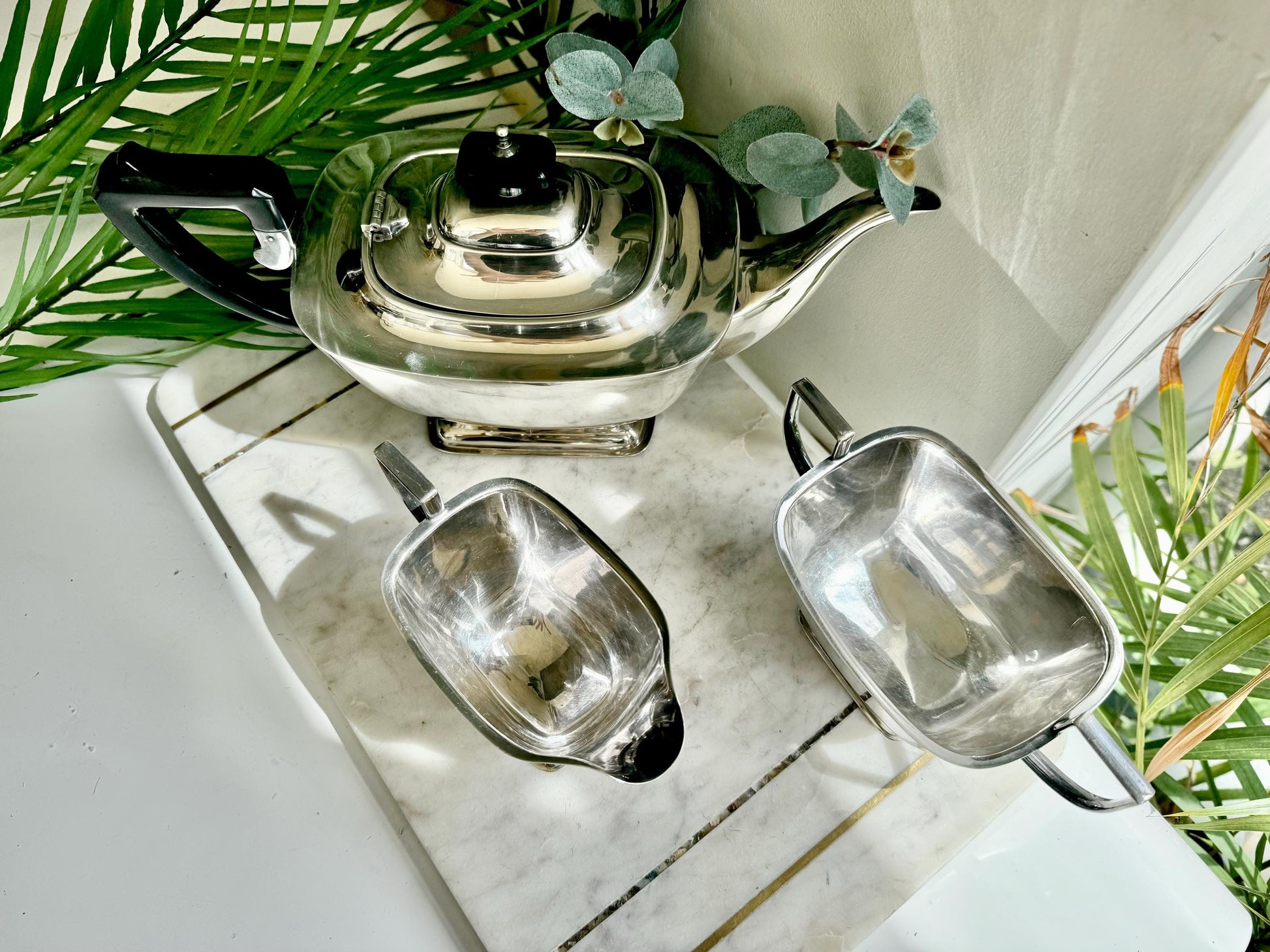 Vintage Silver-Plated Three-Piece Tea Set by ELJ, England (Art Deco Style)