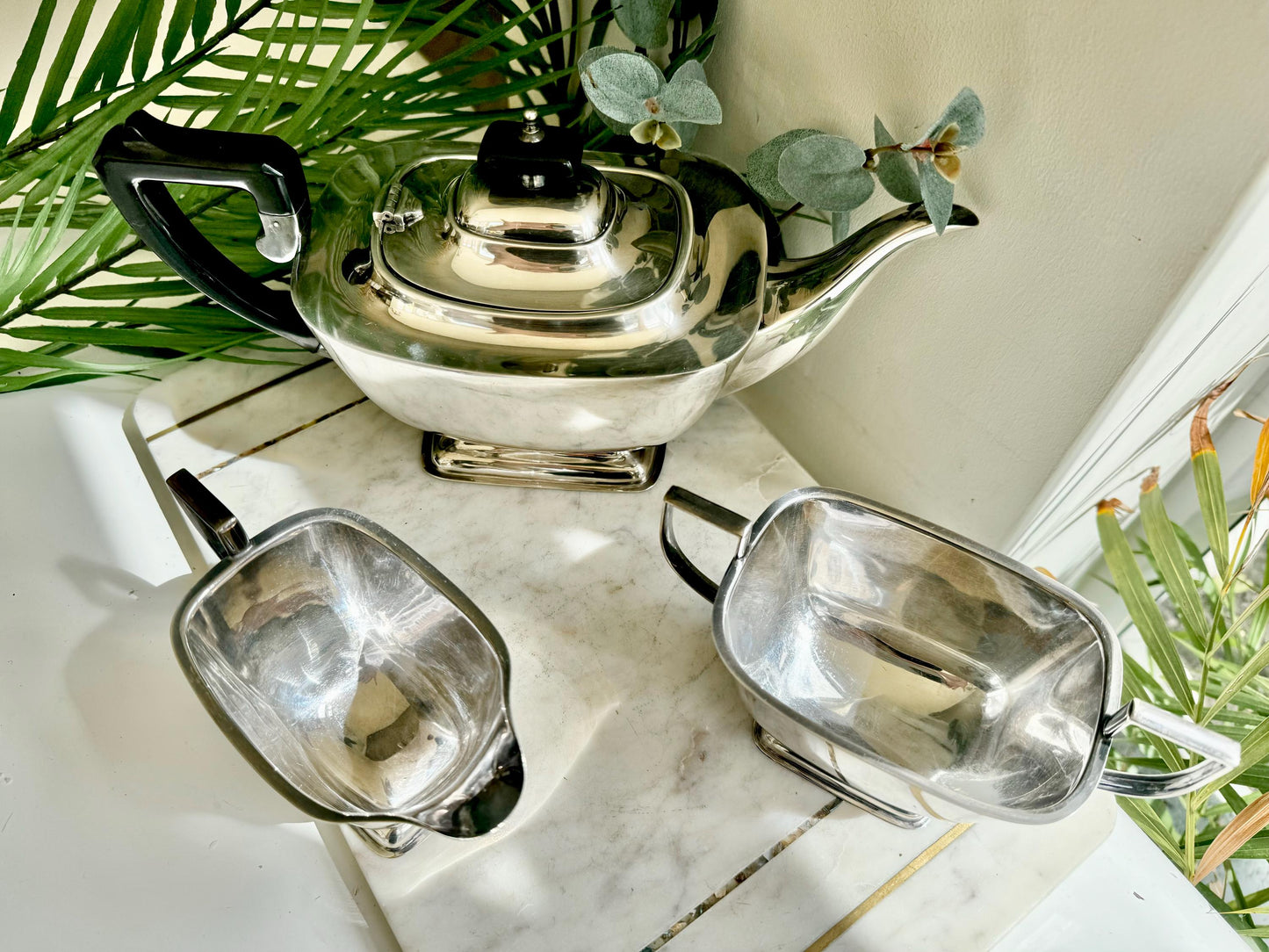 Vintage Silver-Plated Three-Piece Tea Set by ELJ, England (Art Deco Style)