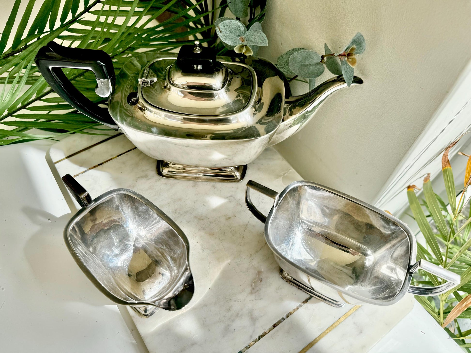 Vintage Silver-Plated Three-Piece Tea Set by ELJ, England (Art Deco Style)