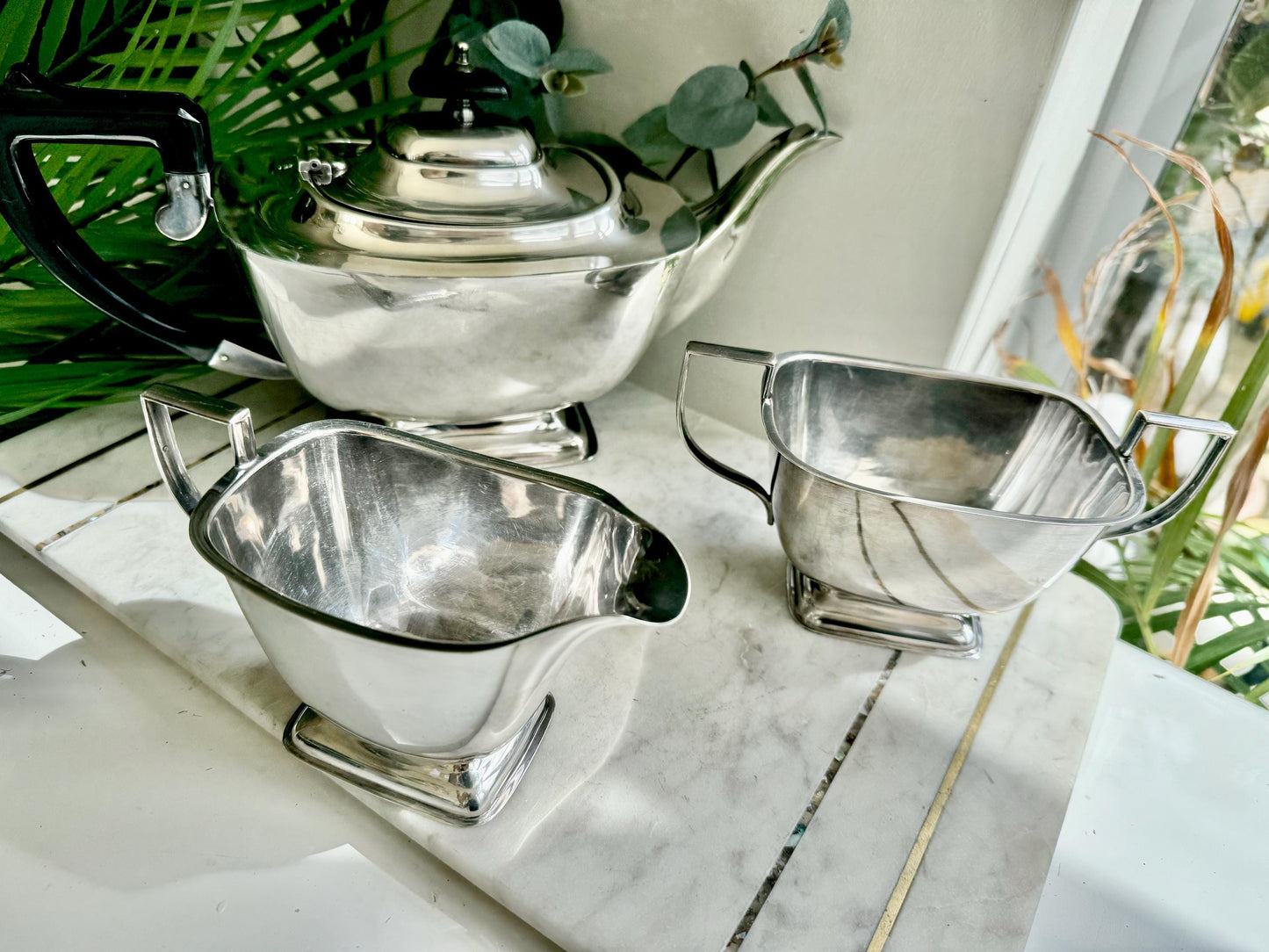 Vintage Silver-Plated Three-Piece Tea Set by ELJ, England (Art Deco Style)