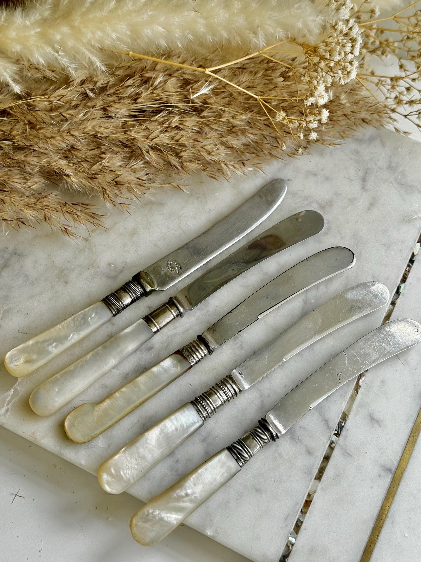 English Set of Five Vintage Mother of Pearl Handled Butter Knives – Mixed Designs