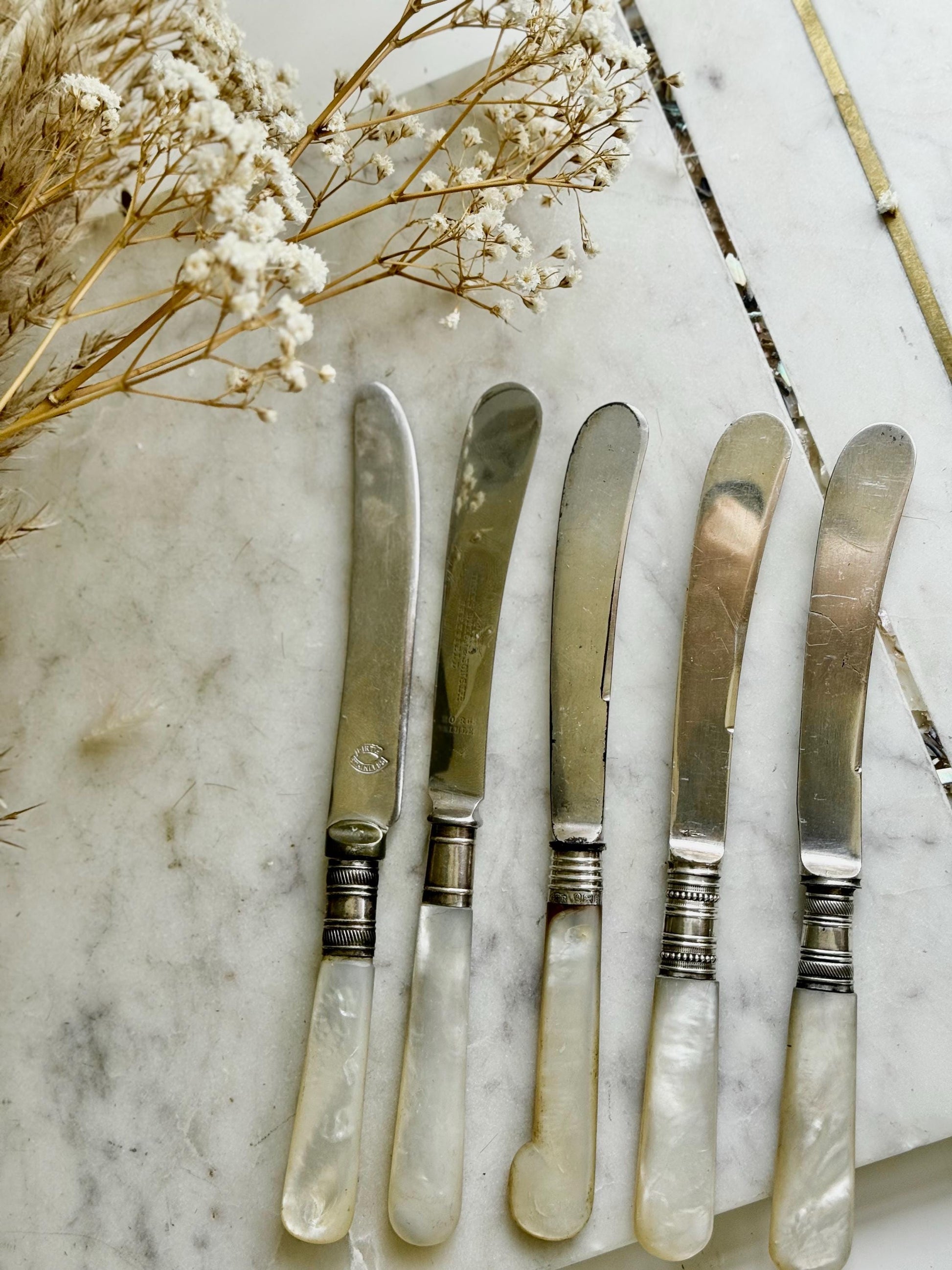 English Set of Five Vintage Mother of Pearl Handled Butter Knives – Mixed Designs