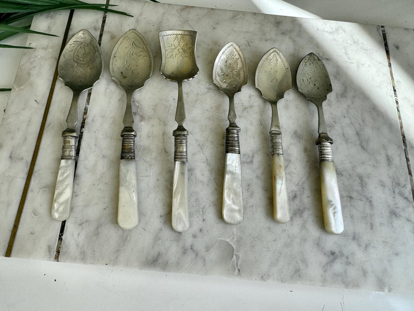 Set of Six Antique English Silver-Plated and Sterling Silver Dessert Spoons with Mother-of-Pearl Handles, Timeless Tableware