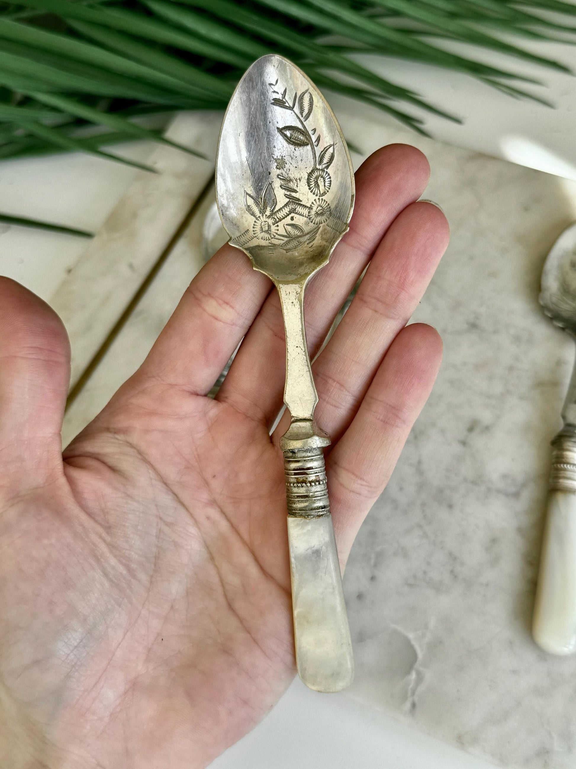 Set of Six Antique English Silver-Plated and Sterling Silver Dessert Spoons with Mother-of-Pearl Handles, Timeless Tableware