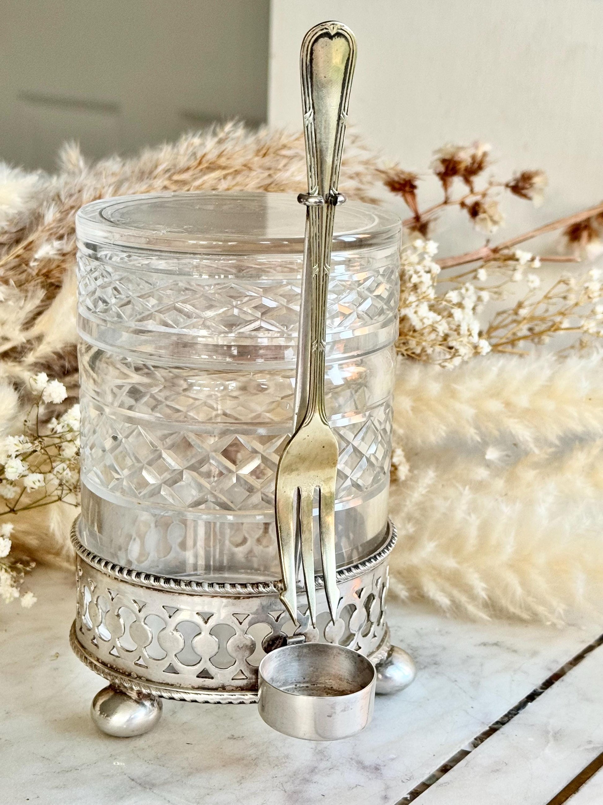 Antique British Cut Glass and Silver-Plated Pickle Jar with Fork – Elegant Vintage Tableware Piece