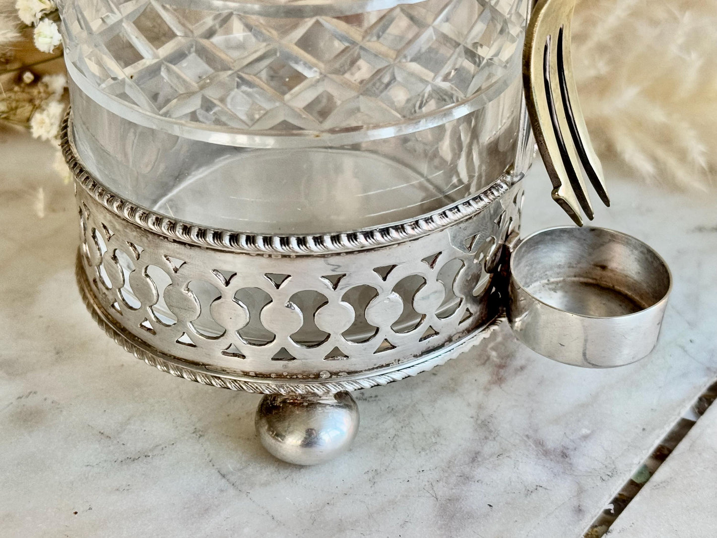 Antique British Cut Glass and Silver-Plated Pickle Jar with Fork – Elegant Vintage Tableware Piece
