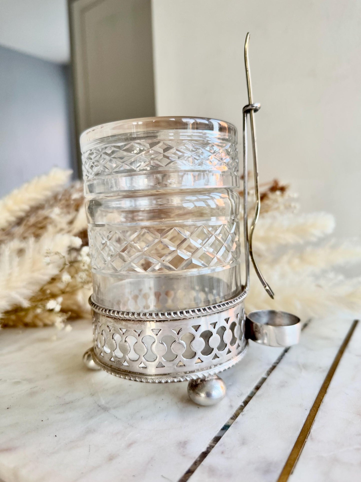 Antique British Cut Glass and Silver-Plated Pickle Jar with Fork – Elegant Vintage Tableware Piece