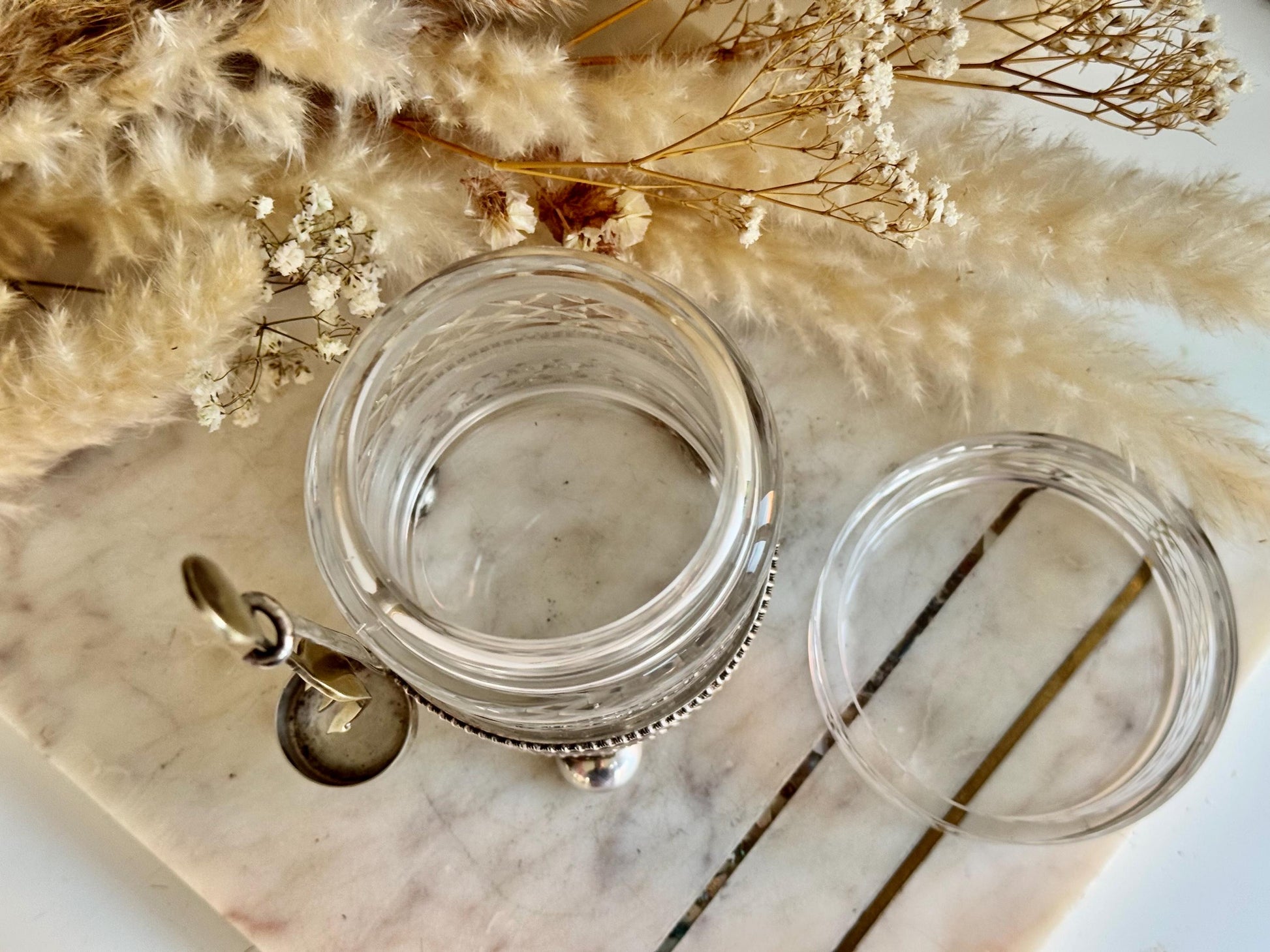 Antique British Cut Glass and Silver-Plated Pickle Jar with Fork – Elegant Vintage Tableware Piece