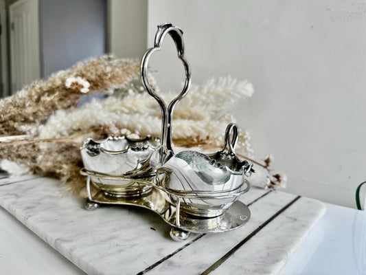 Exquisite Antique R&W Sorley Silver Plated Double Sauce Server with Stand – Glasgow, UK, c. 1900