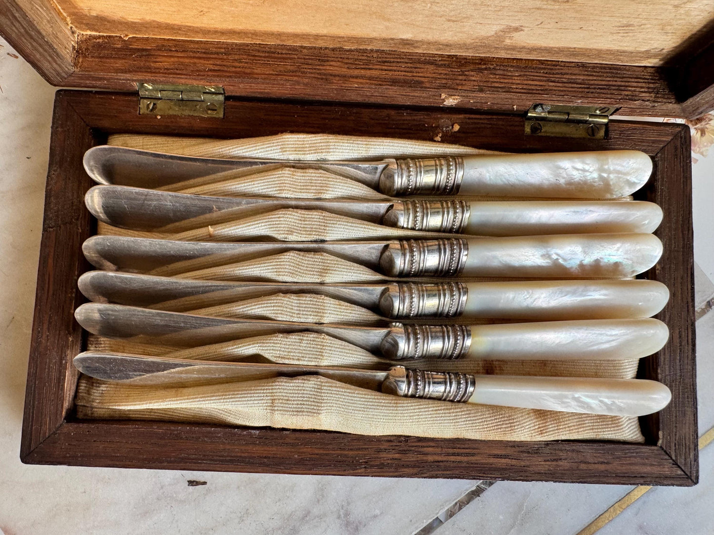 Antique English Mother of Pearl & Silver-Plated Dessert Knives Set in Wooden Case – c. 19th Century