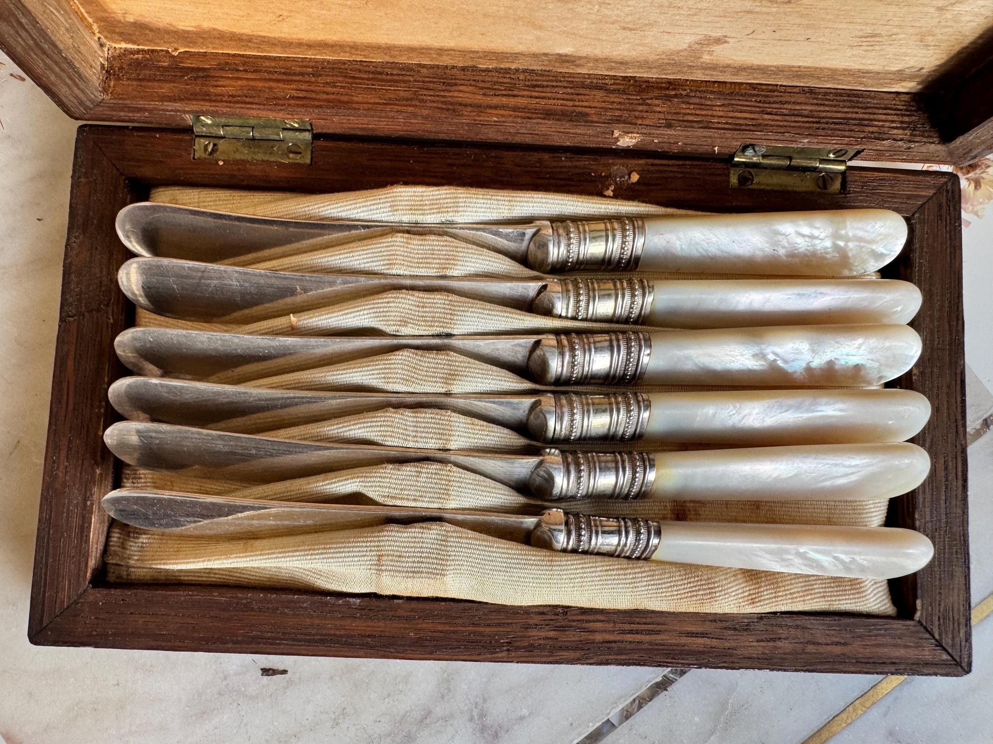 Antique English Mother of Pearl & Silver-Plated Dessert Knives Set in Wooden Case – c. 19th Century