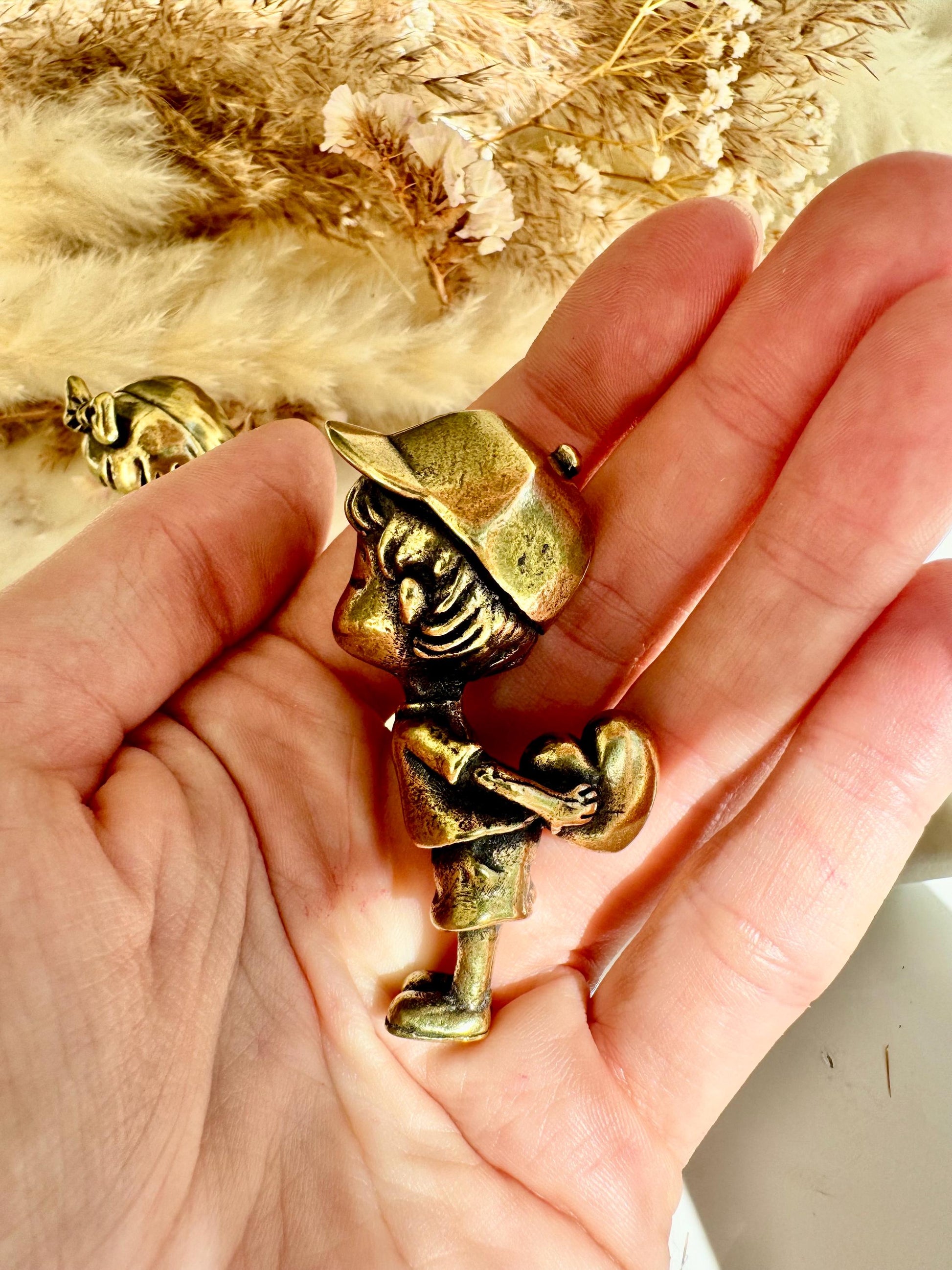 Timeless Love – Brass Figurine Set of a Boy Offering His Heart & a Shy Girl with a Bow, Sweet Couple Sculpture