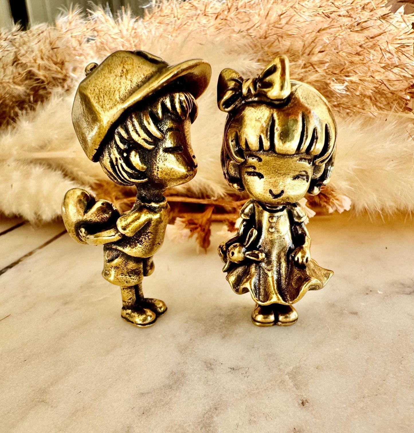 Timeless Love – Brass Figurine Set of a Boy Offering His Heart & a Shy Girl with a Bow, Sweet Couple Sculpture