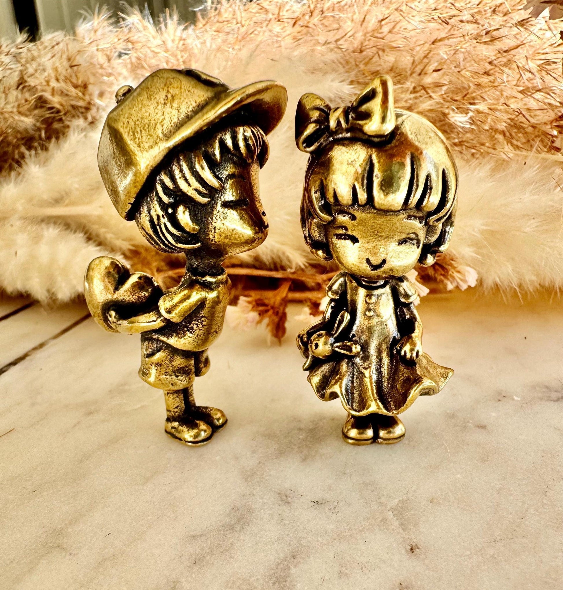 Timeless Love – Brass Figurine Set of a Boy Offering His Heart & a Shy Girl with a Bow, Sweet Couple Sculpture