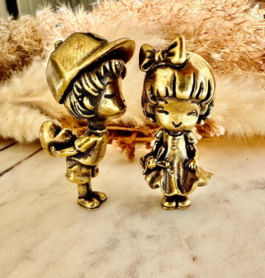 Timeless Love – Brass Figurine Set of a Boy Offering His Heart & a Shy Girl with a Bow, Sweet Couple Sculpture
