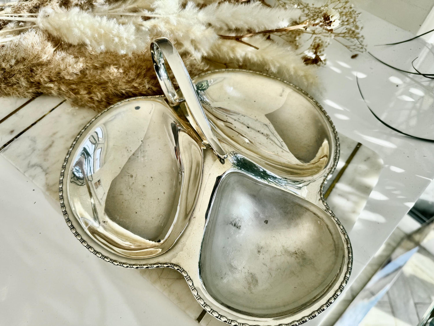 Vintage Silver Plated Hors d’Oeuvres Server with Handle – Made in England by WS&S, English EPNS Silver Plated Three-Part Serving Dish