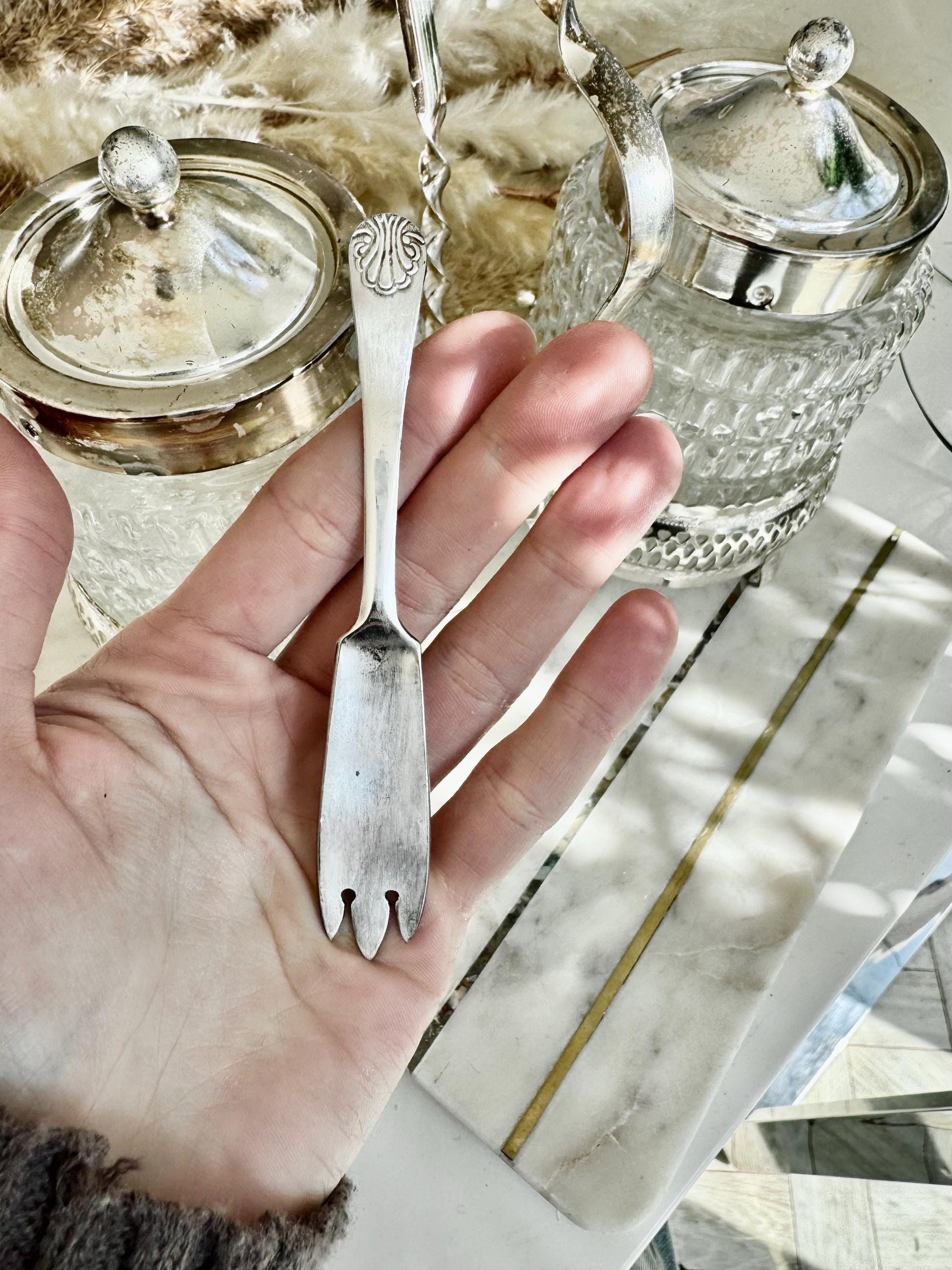 Vintage Silver-Plated and Cut Glass Preserve Jar Duo with Original Fork – Queen Anne England