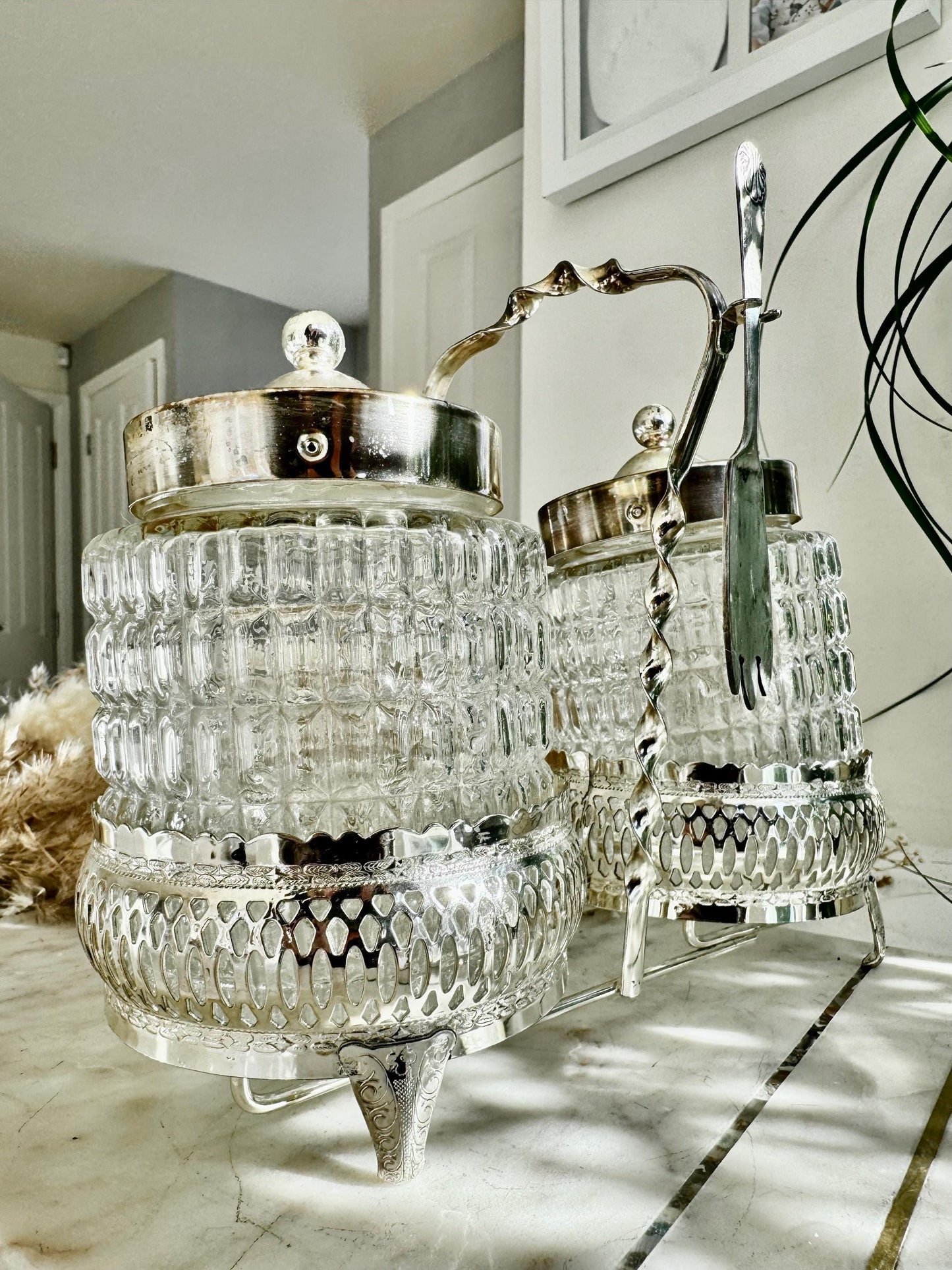 Vintage Silver-Plated and Cut Glass Preserve Jar Duo with Original Fork – Queen Anne England