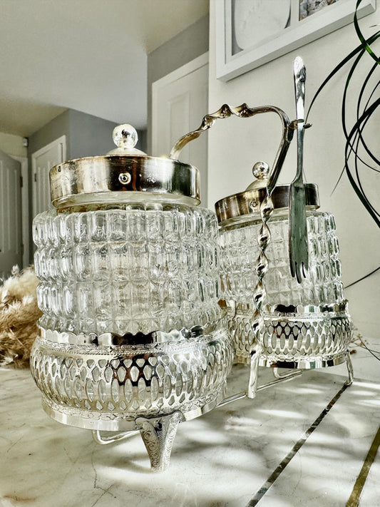 Vintage Silver-Plated and Cut Glass Preserve Jar Duo with Original Fork – Queen Anne England