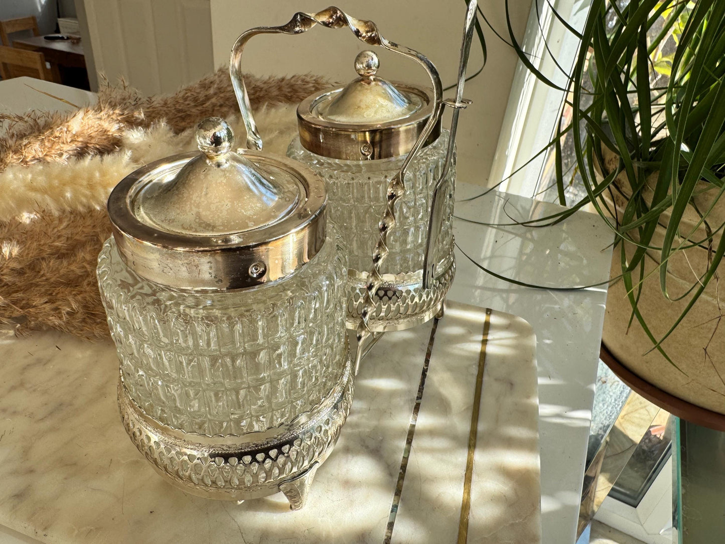 Vintage Silver-Plated and Cut Glass Preserve Jar Duo with Original Fork – Queen Anne England