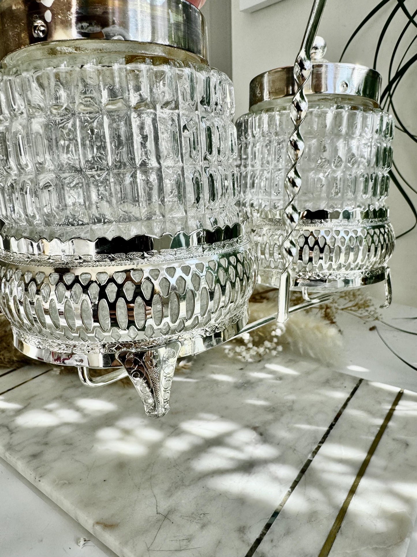 Vintage Silver-Plated and Cut Glass Preserve Jar Duo with Original Fork – Queen Anne England