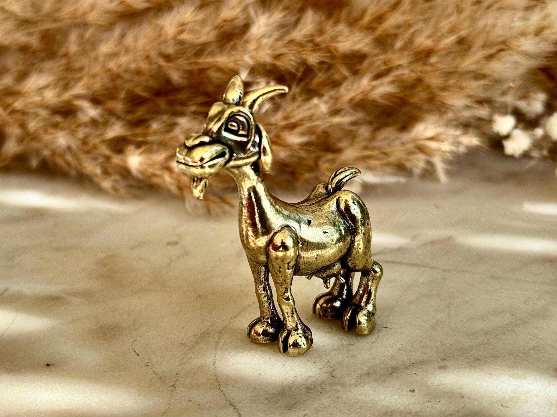 Solid Brass Happy Goat Figurine, Farm Animal Statue, Golden Animal Miniature, Goat Gifts, Metal Art Ornament, Desk Accessories