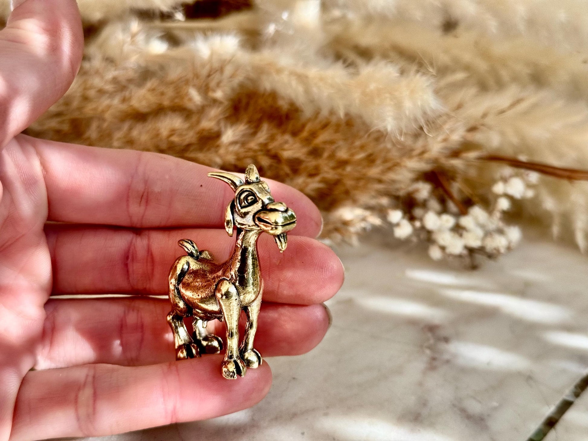 Solid Brass Happy Goat Figurine, Farm Animal Statue, Golden Animal Miniature, Goat Gifts, Metal Art Ornament, Desk Accessories