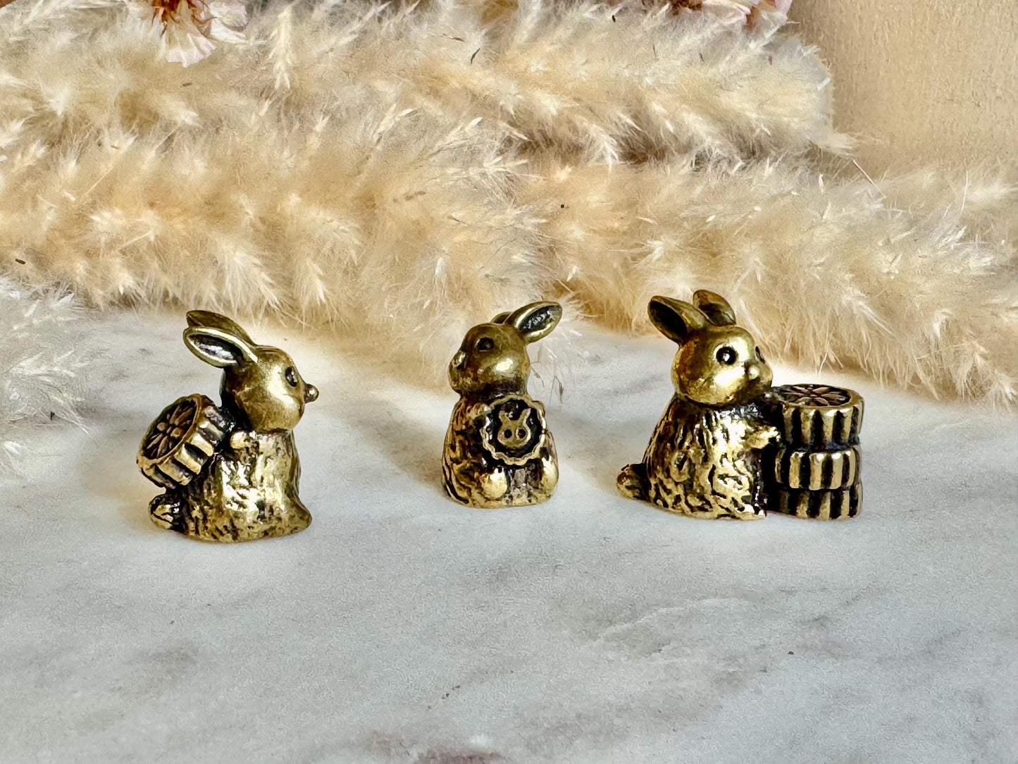 Set of 3 Brass Bunny Figurines with Biscuits – Whimsical Miniature Rabbit Statues – Decorative Home Ornament, cute gift
