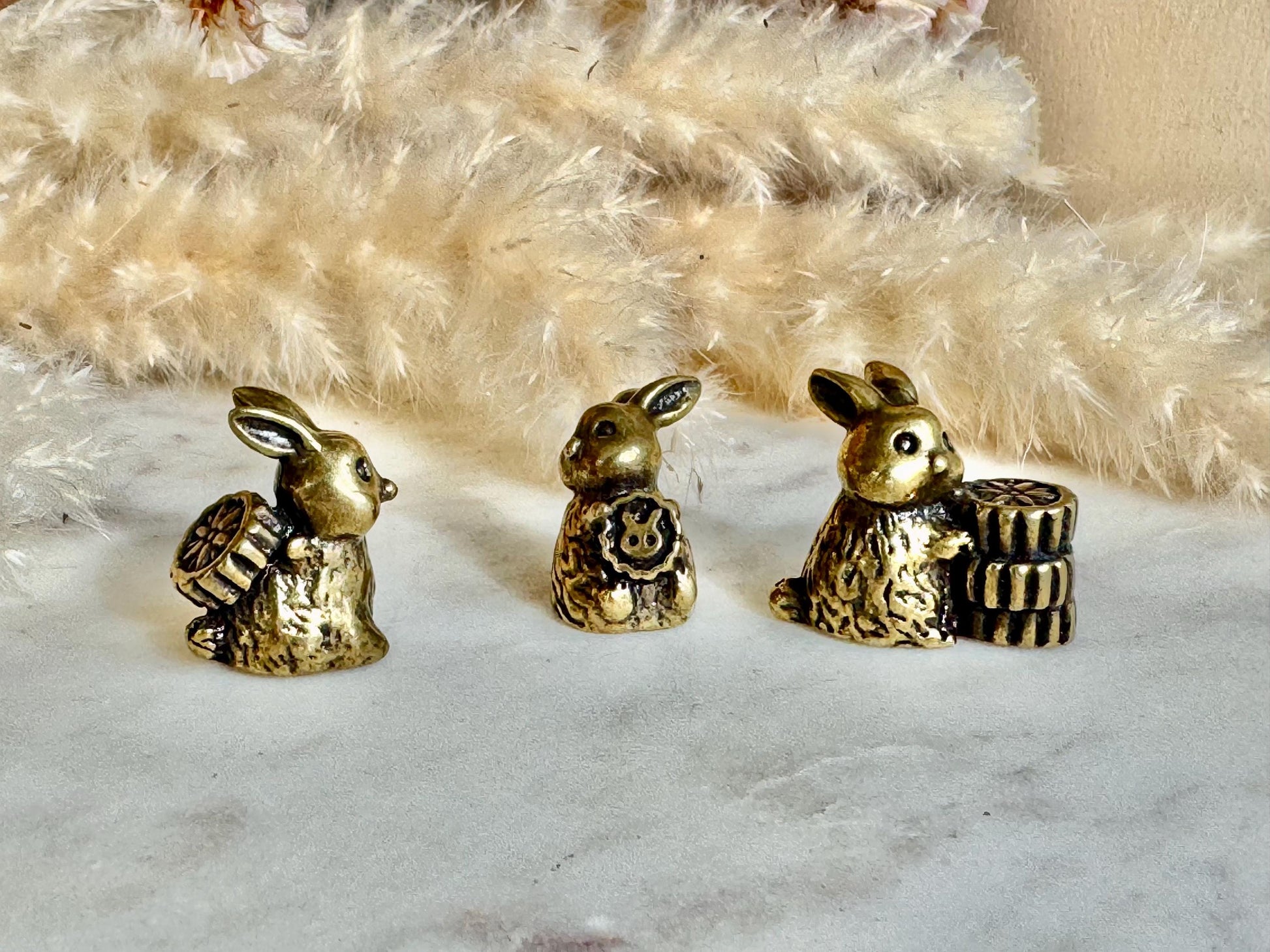 Set of 3 Brass Bunny Figurines with Biscuits – Whimsical Miniature Rabbit Statues – Decorative Home Ornament, cute gift