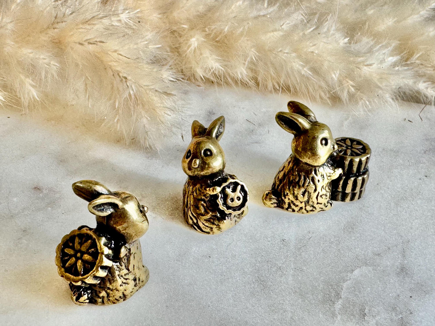 Set of 3 Brass Bunny Figurines with Biscuits – Whimsical Miniature Rabbit Statues – Decorative Home Ornament, cute gift