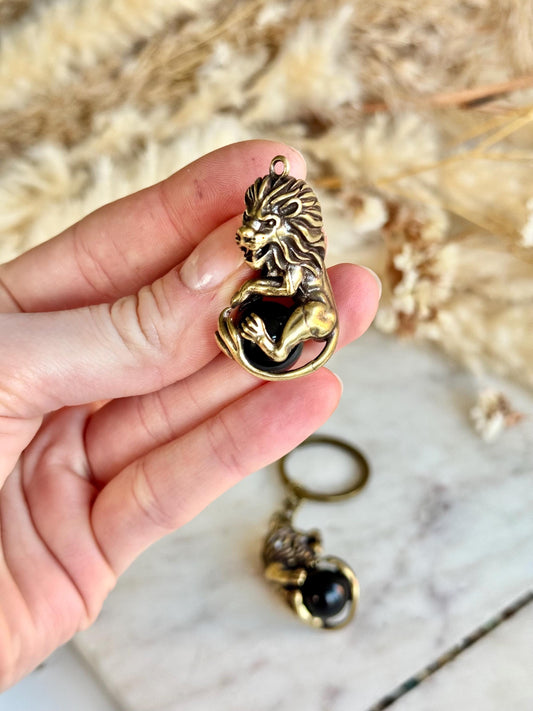 Solid Brass Lion Keyring with Black Orb – Symbol of Power and Protection
