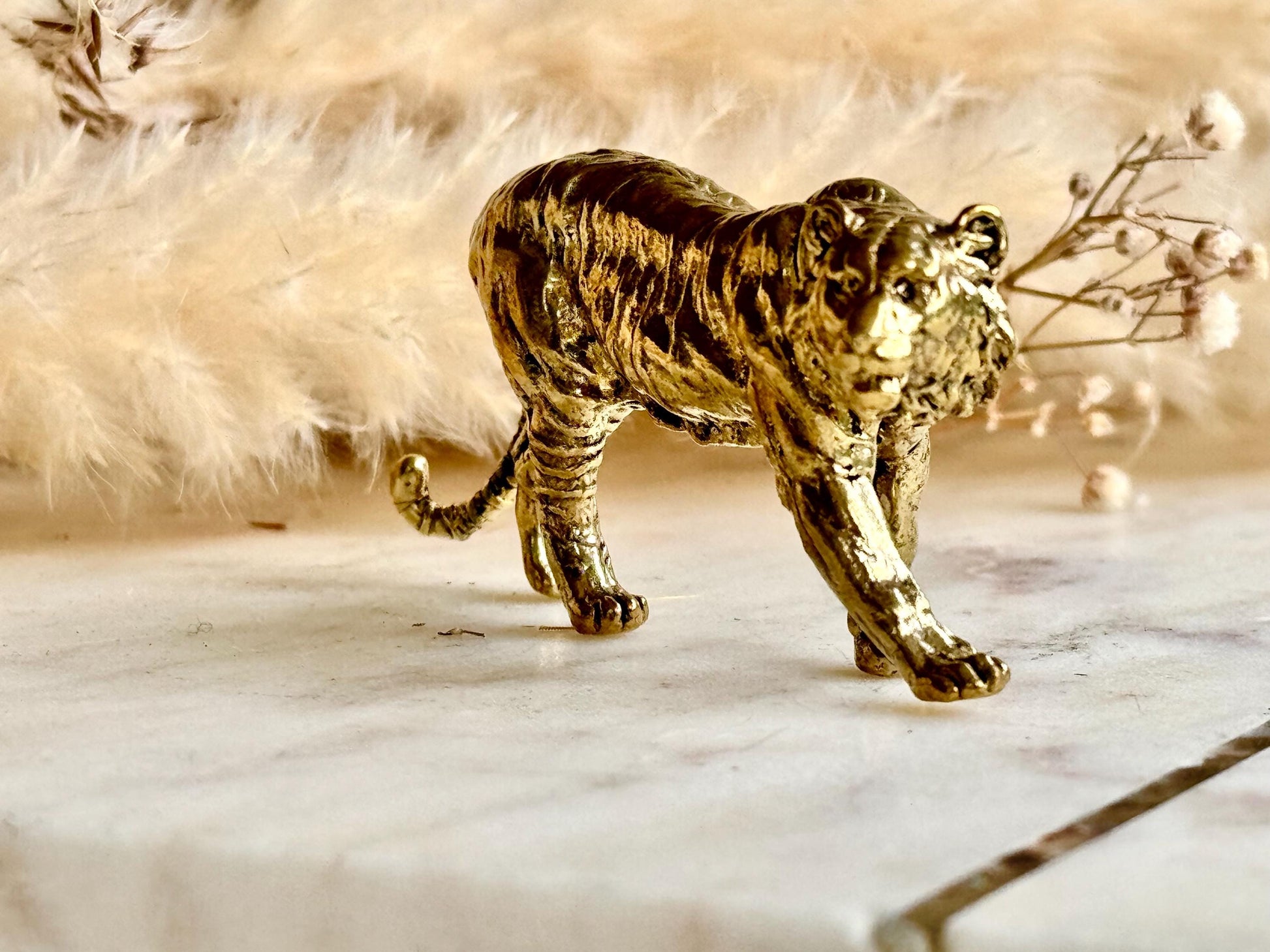 Solid Brass Striding Tiger Figurine – Bold Animal Totem for Desk, Shelf or Altar Decor