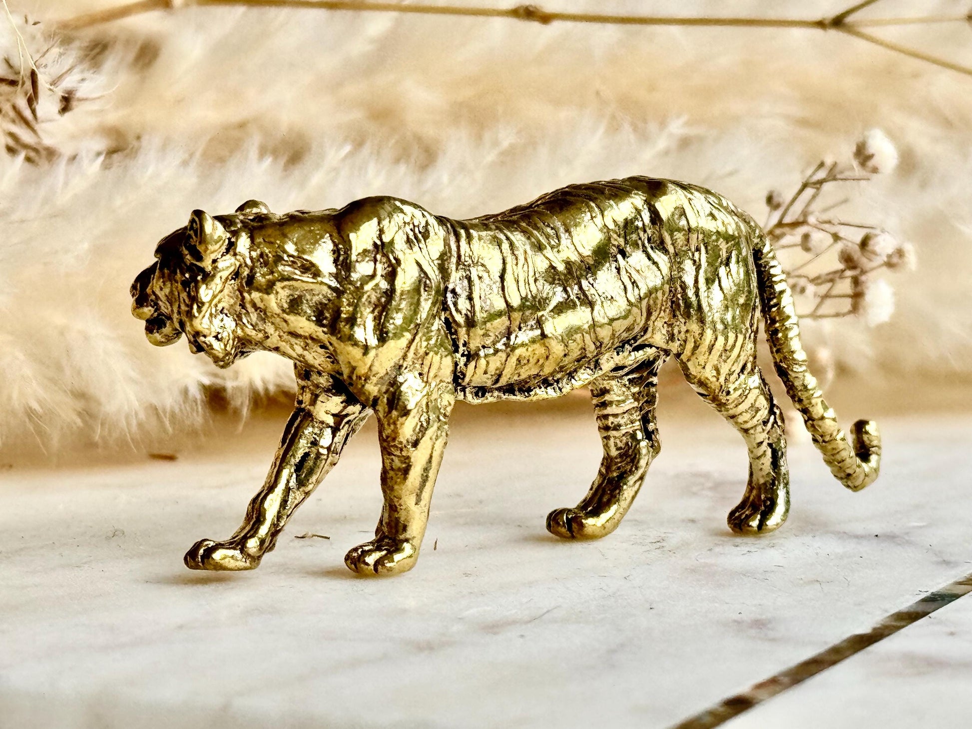 Solid Brass Striding Tiger Figurine – Bold Animal Totem for Desk, Shelf or Altar Decor
