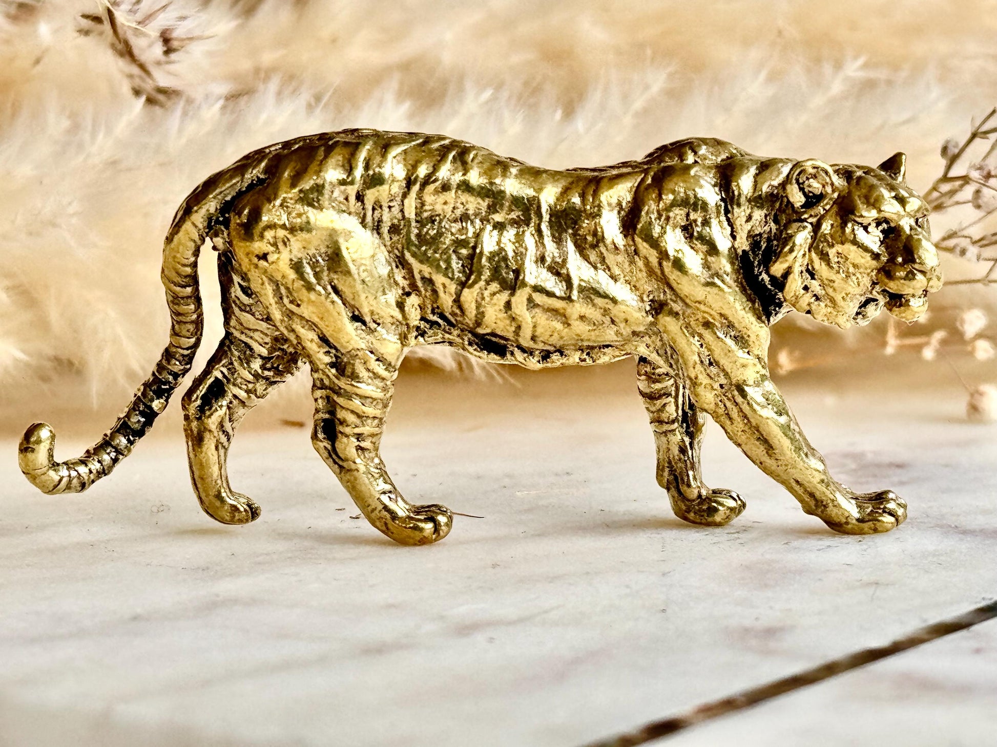 Solid Brass Striding Tiger Figurine – Bold Animal Totem for Desk, Shelf or Altar Decor
