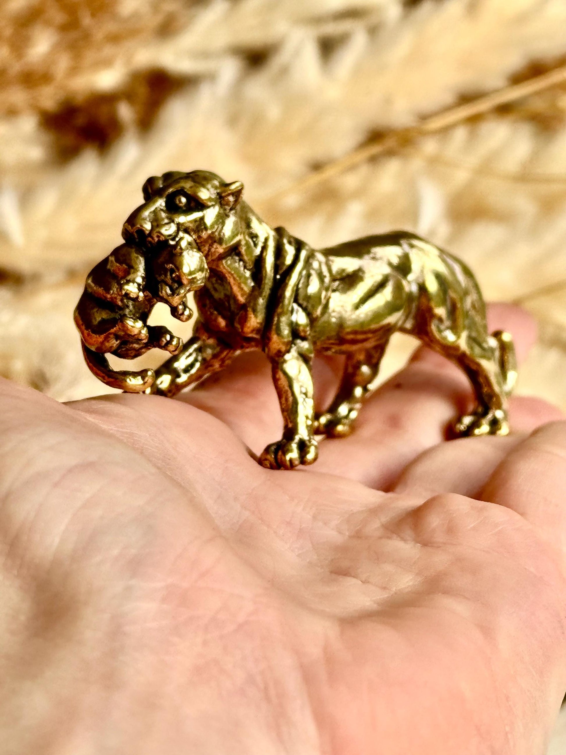 Solid Brass Panther Figurine Carrying a Cub Minimalist Jungle Cat Sculpture