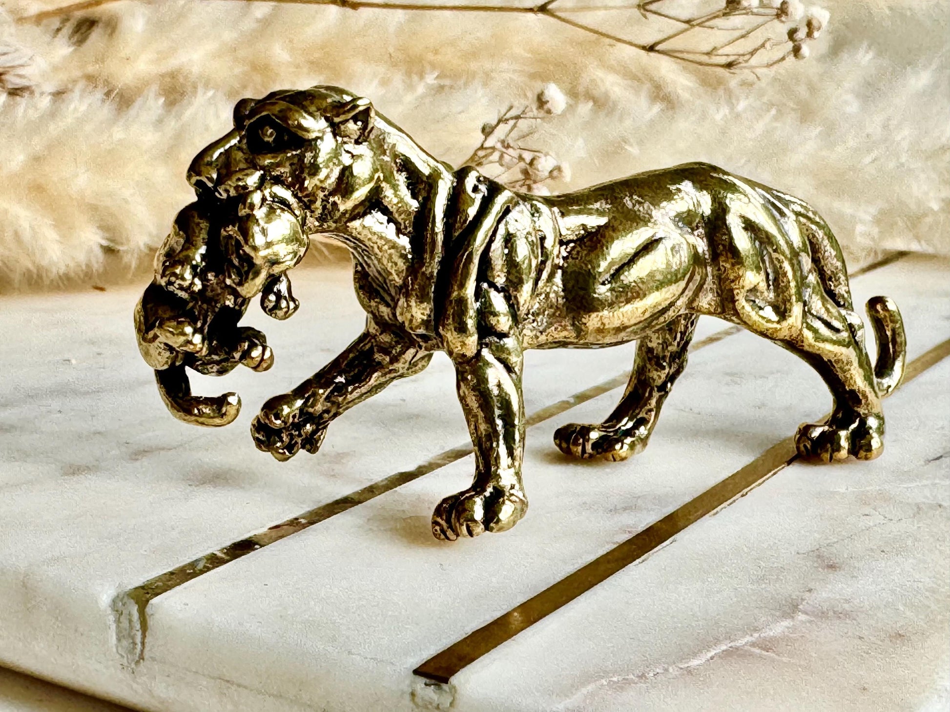Solid Brass Panther Figurine Carrying a Cub Minimalist Jungle Cat Sculpture