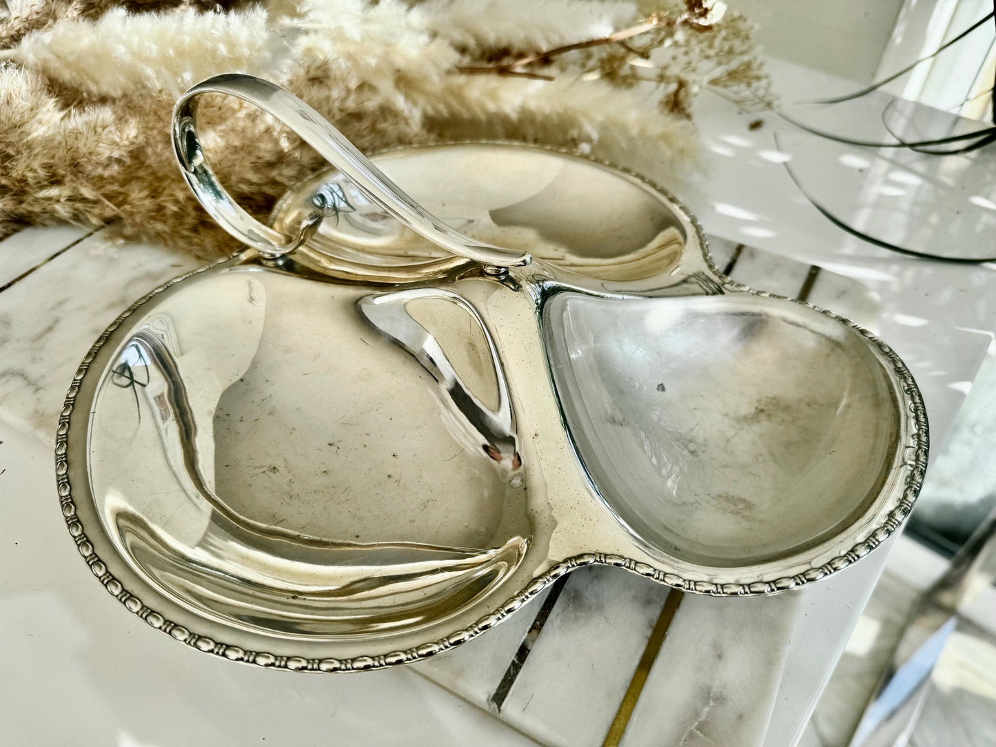 Vintage Silver Plated Hors d’Oeuvres Server with Handle – Made in England by WS&S, English EPNS Silver Plated Three-Part Serving Dish